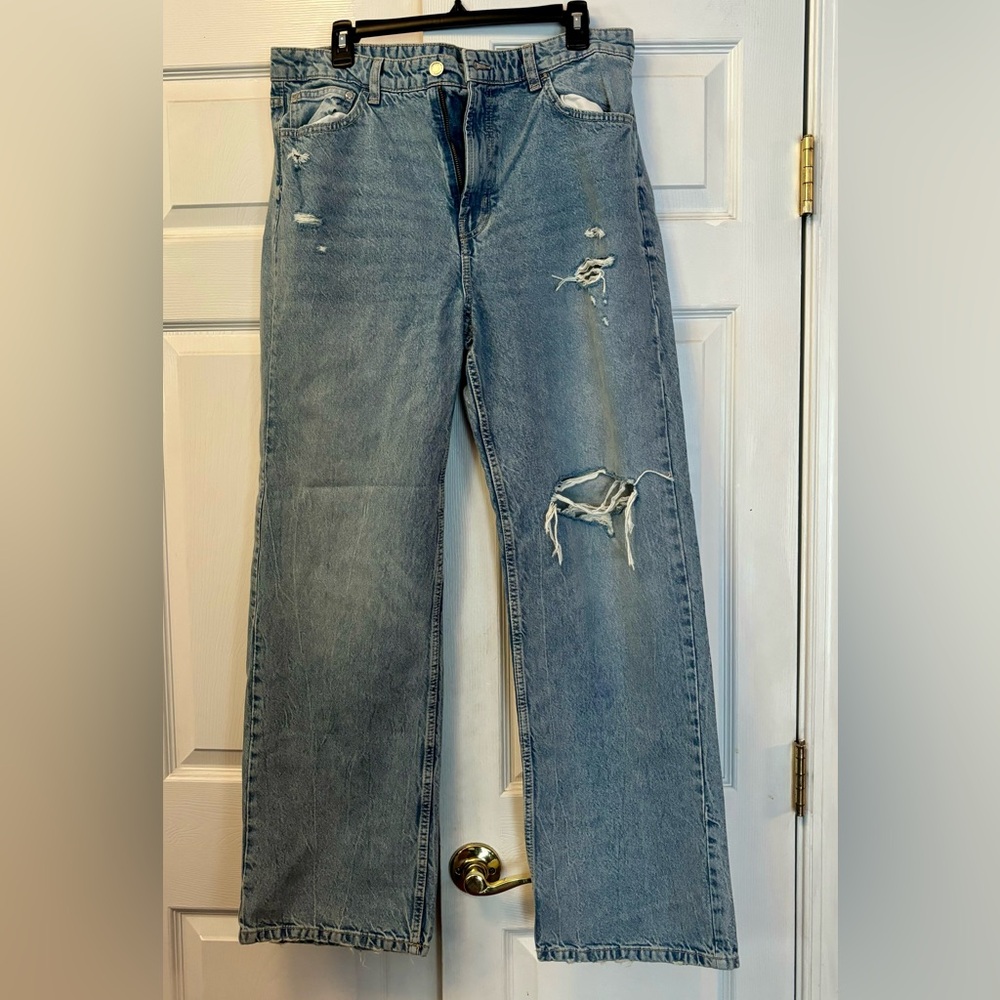 H&M Jeans Womens 16 Wide Leg High Waist Distressed Ripped Denim